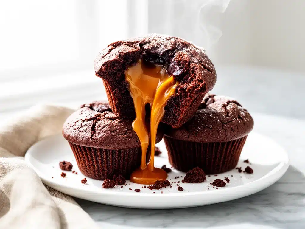 caramel stuffed chocolate lava muffins - featured image