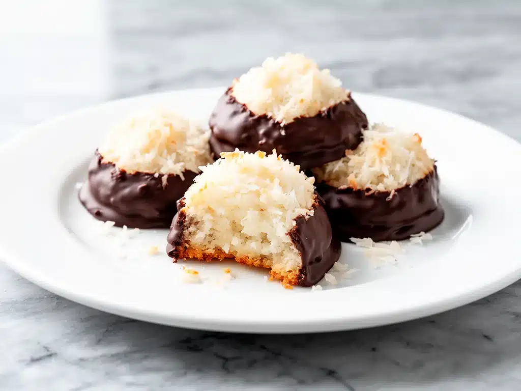 chewy coconut macaroons dipped in chocolate - featured image