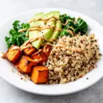 creamy roasted sweet potato quinoa bowl - featured image