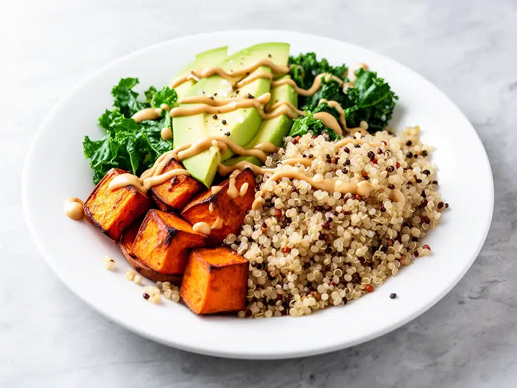 creamy roasted sweet potato quinoa bowl - featured image