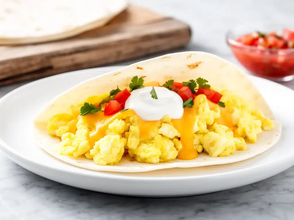 fluffy cheesy scrambled egg breakfast tacos - featured image