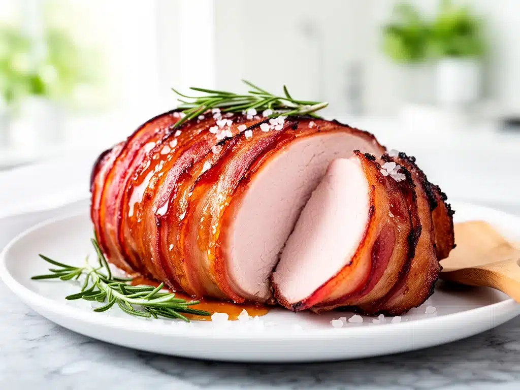 maple glazed bacon wrapped pork loin - featured image