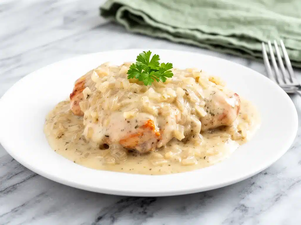 smothered chicken with creamy onion gravy - featured image