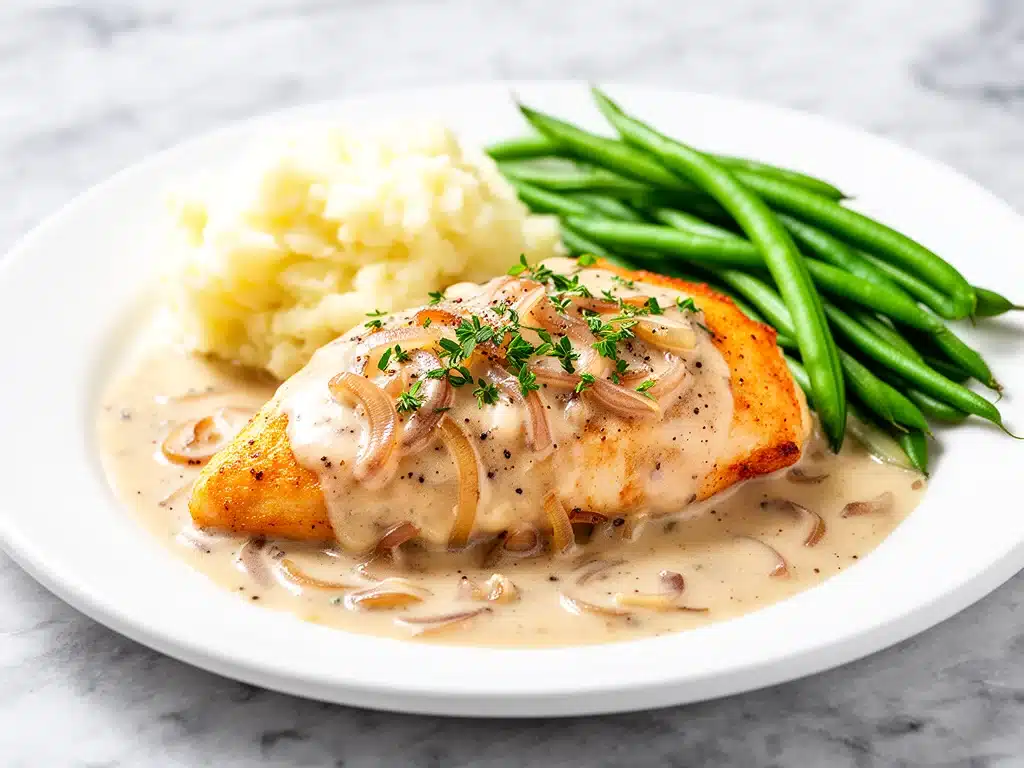 smothered chicken with creamy onion gravy - featured image