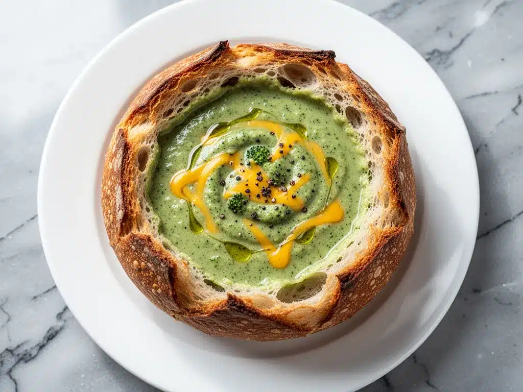 Ultra-Creamy Broccoli Cheddar Soup in Crusty Bread Bowls 4 broccoli cheddar soup preparation steps