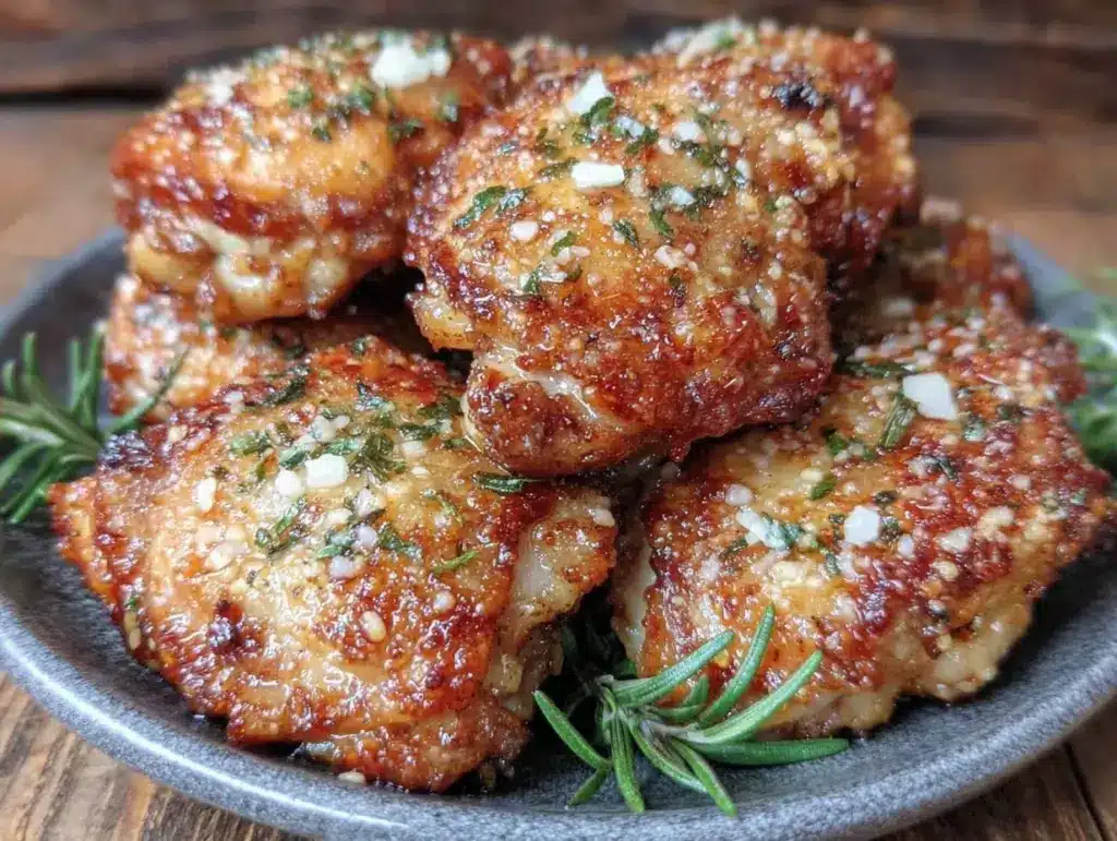 crispy garlic parmesan air fryer chicken thighs - featured image