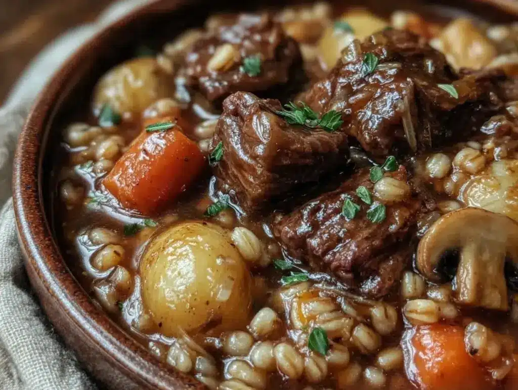 slow cooker beef and barley stew - featured image