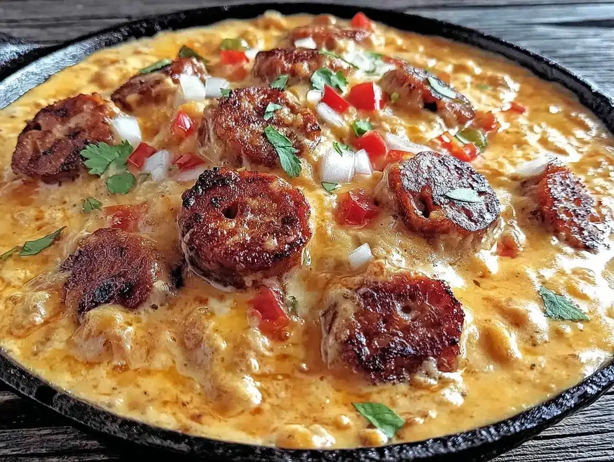 Football Tailgate Smoked Sausage Qeso Skillet: 3-Ingredient Beginner Dip 4 smoked sausage queso skillet preparation steps